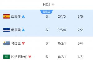 H组3轮战罢仅西班牙一队有过胜绩，为世界杯上第四次出现